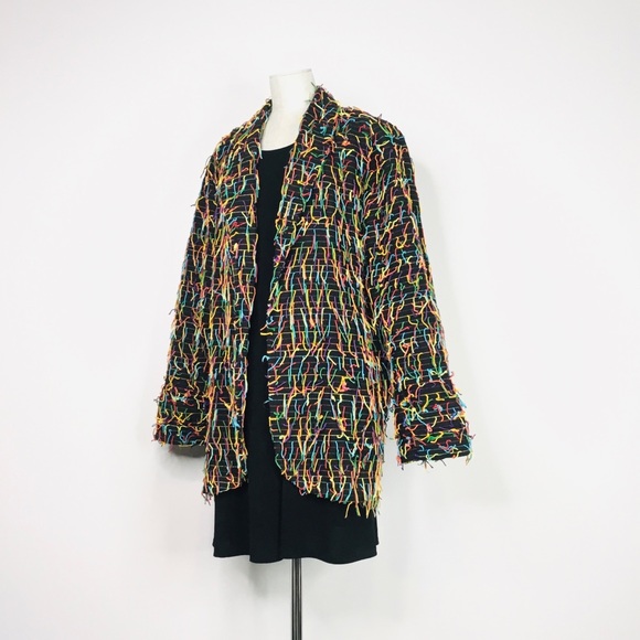 Car Pool Couture Funky Retro Black/Colorful Fringe Stripe Open-Front Blazer Larg - Picture 2 of 12